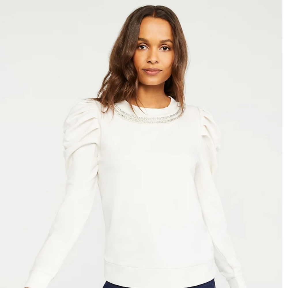 Ann Taylor Embellished Puff Sleeve Sweatshirt
